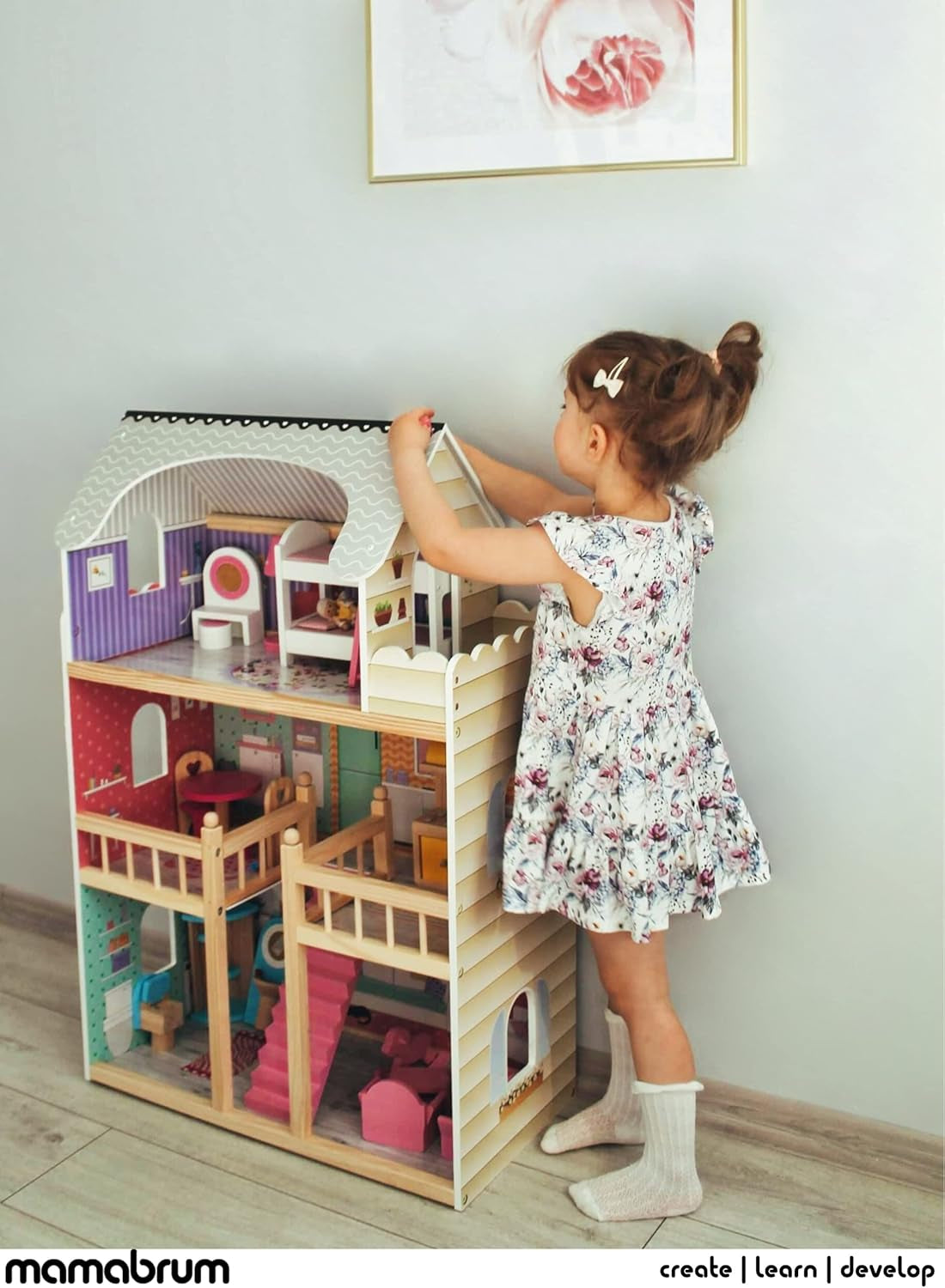 A405 Maison de poupée éclairée par LED - 3 étages et ensemble de meubles - Maison de jeu en bois comprenant des accessoires : cuisine, salle de bain, chambre à coucher - Cadeau pour les filles de 3 ans et plus Maisons de poupées Naty Shop