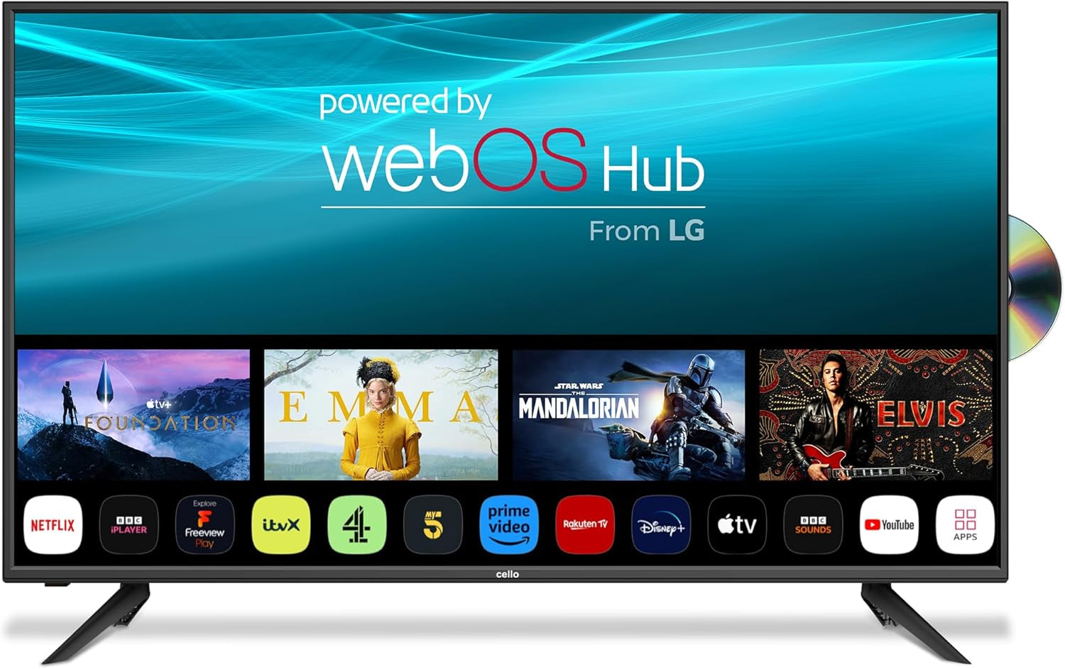 Televizor inteligent Cello C2224WSH de 22 de inci, fără ramă, alimentat de la rețea, LG WebOS, Freeview Play, FreeSat, Bluetooth, difuzoare Pitch Perfect, ideal pentru bucătărie, dormitor sau camere mici