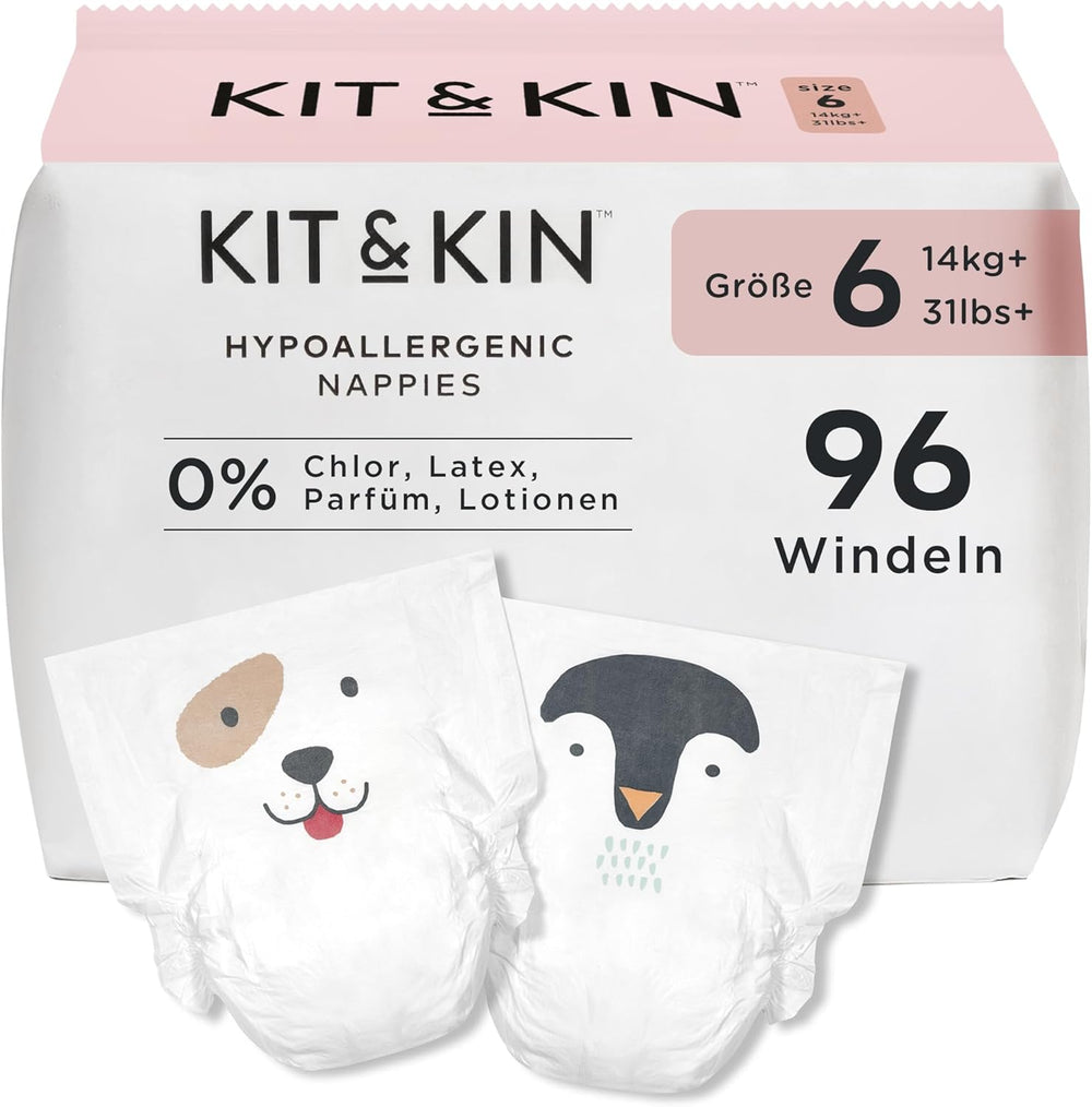 Couches Kit & Kin Premium, taille 4 (9-14 kg), 128 pièces, à base de plantes et hypoallergéniques, protection fiable contre les fuites, végétaliennes et sans cruauté envers les animaux