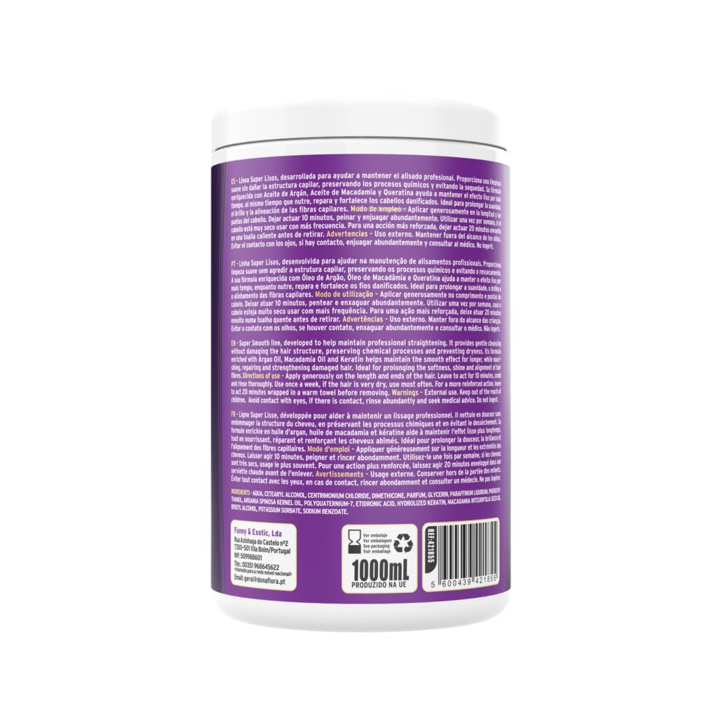 Masque capillaire Super Smooth 1000 ml - À l'huile d'argan, de macadamia et de kératine - Nourrit, répare et renforce - Pour des fibres soyeuses, brillantes et lisses - Sans sulfates ni parabènes Masque capillaire Naty Shop