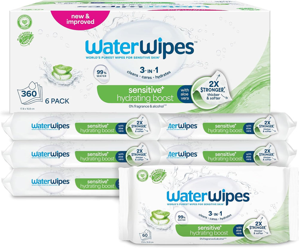Lingettes humides WaterWipes Sensitive+ Hydrating Boost, lingettes hydratantes, 720 unités (paquet de 12), 3 en 1 propres, soignent, hydratent, 99 % d'eau d'aloe vera, lingettes pour bébé non parfumées