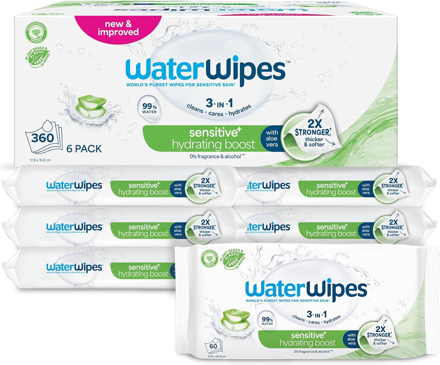 Lingettes humides WaterWipes Sensitive+ Hydrating Boost, lingettes hydratantes, 360 pièces (paquet de 6), nettoyage 3 en 1, soin, hydratation, 99 % d'eau d'aloe vera, lingettes pour bébé non parfumées