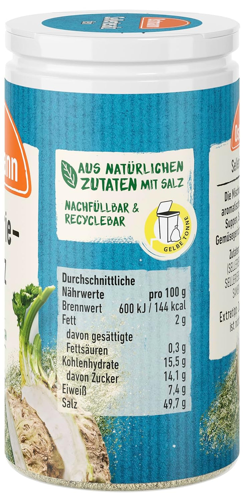 Ostmann Gewürze - Sel de céleri | Zum Verfeinern zährlicher herzhafter Gerichte | Recycler, nachfüllbare Streudose | 50 g dans une passoire