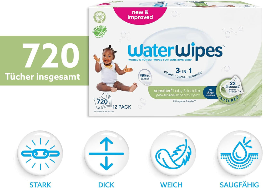 WaterWipes Sensitive+ Lingettes humides pour bébés et tout-petits, 720 unités (paquet de 12), nettoyage 3 en 1, entretien, protection, 99,9 % d'eau, nettoyage texturé, sans parfum