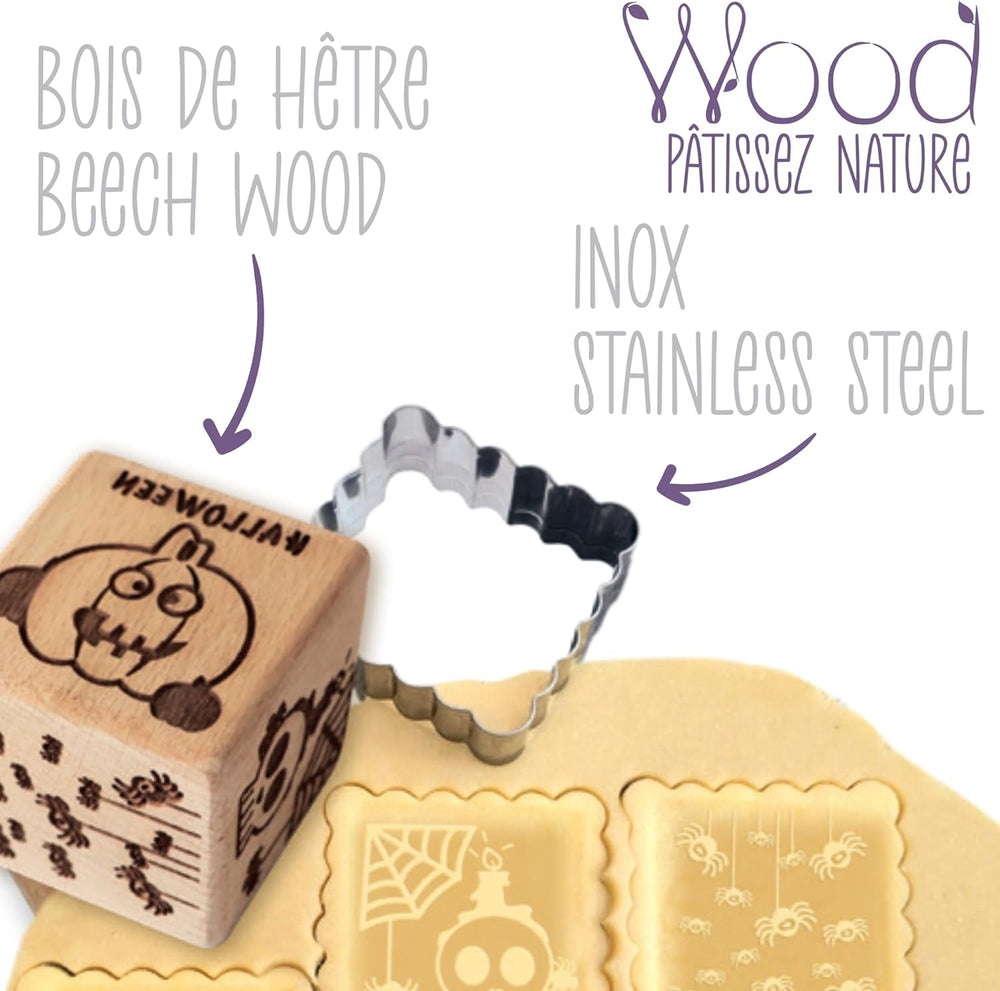 ScrapCooking – Ștampilă din lemn pentru patiserie cu modele de Halloween – cu 1 formă de biscuiți și formă de cub cu 5 fețe gravate în relief – 5298