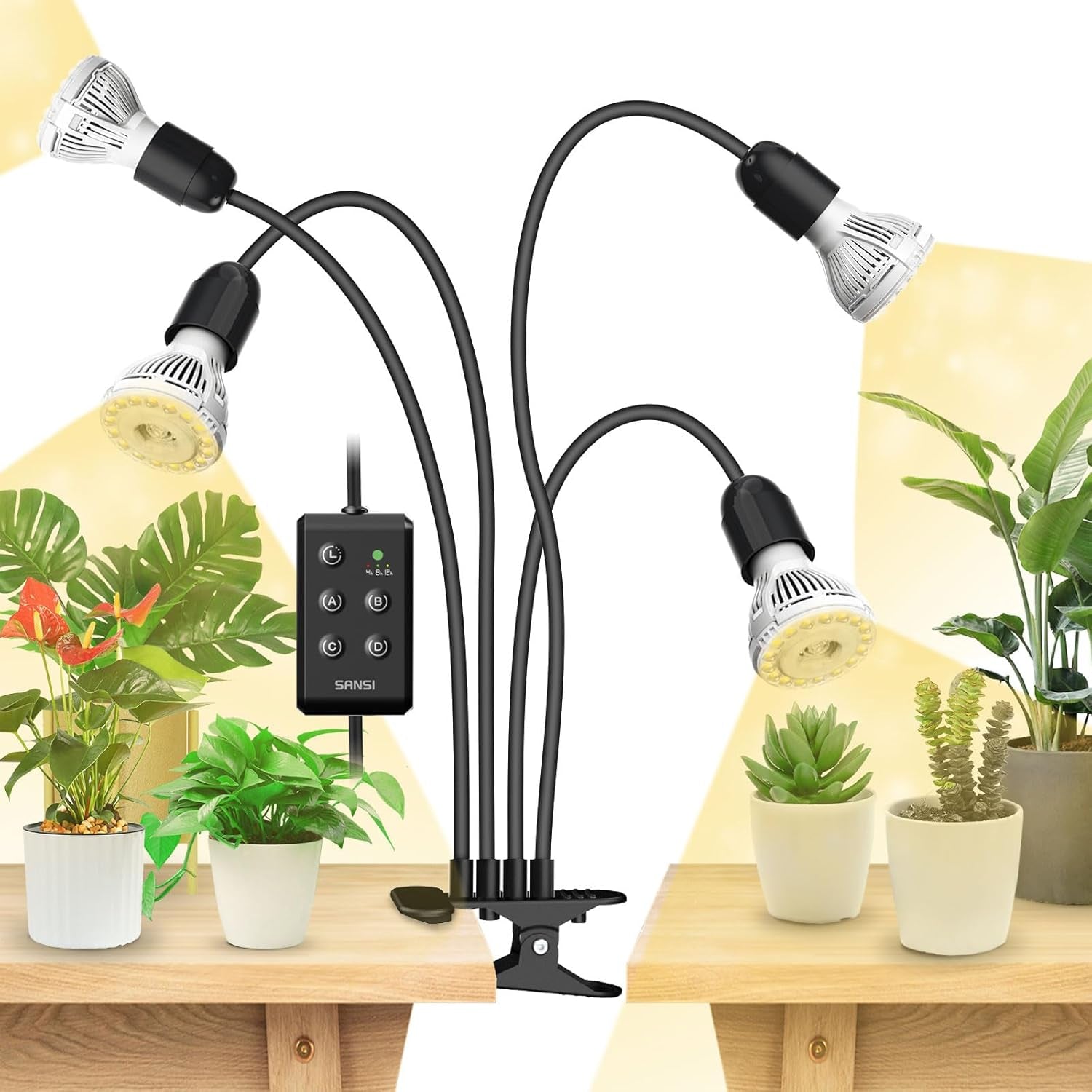 SANSI Lampe de culture LED pour plantes d'intérieur, 2 têtes, spectre complet, 10 W (équivalent 150 W), minuterie de 4/8/12 heures, lampe hydroponique suspendue pour serre de plantes d'intérieur