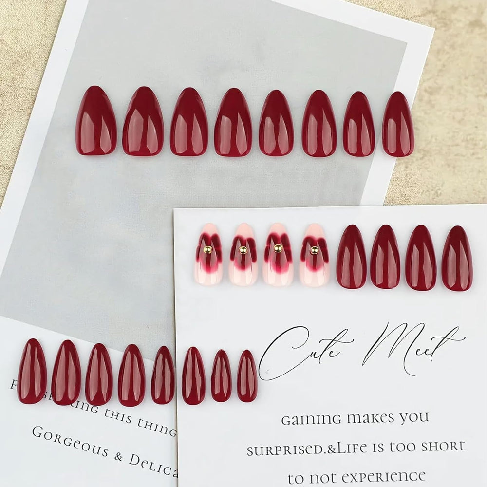 24 fleurs bordeaux avec armure de diamant, presse sur ongles, colle sur ongles artificiels, ensemble de pointes d’ongles