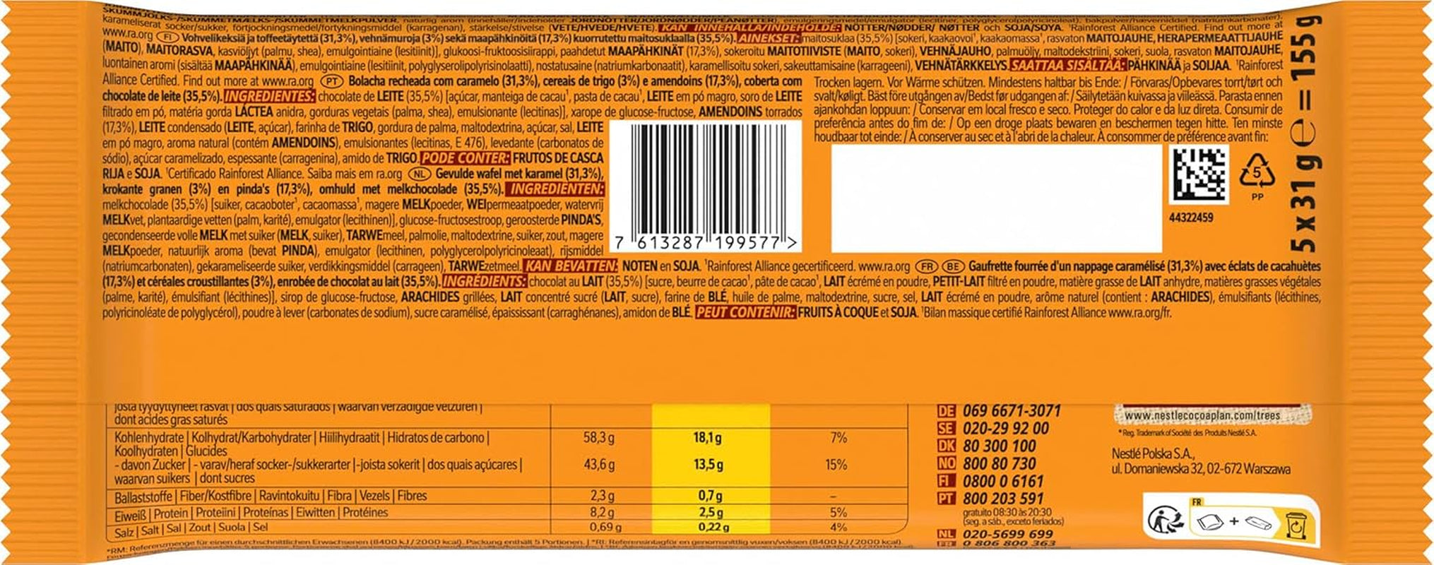 Barre de chocolat aux cacahuètes enrobée de chocolat au lait, délicieuse garniture au caramel, cacahuètes et gaufrettes croustillantes, paquet de bonbons en vrac, 1 paquet (5 x 31 g)