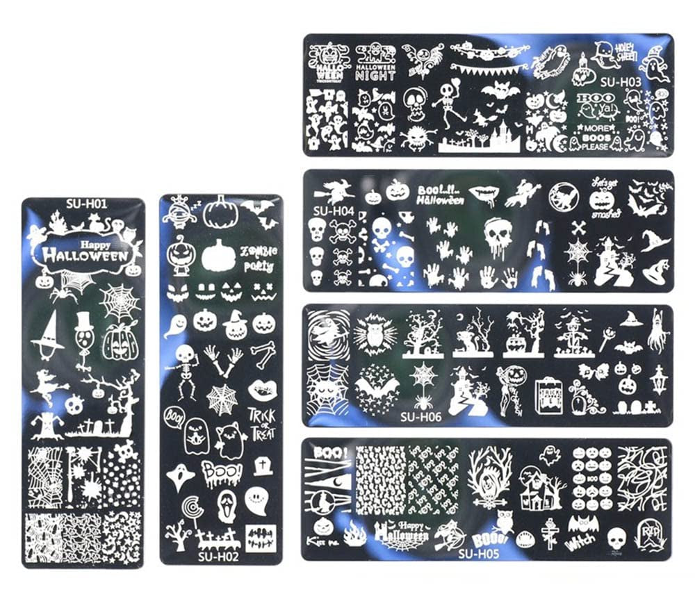 JMEOWIO Nail Stamping Pochoirs Halloween 6 Pièces Nagelstempel Pochoirs Nail Art Décoration Nageldesign Zubehör Böse Gruselige Kürbis-Geisterhexe