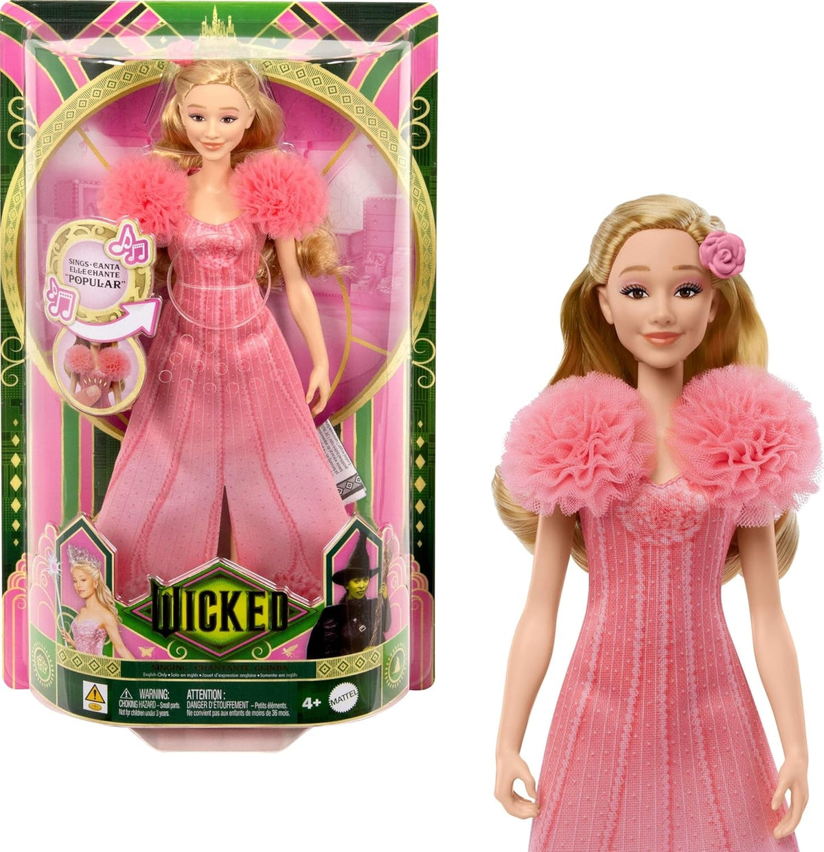Mattel Singende Glinda-Modepuppe aus Wicked und Accessoires, beweglich und mit vom Film inspiriertem Look sowie abnehmbarem Outfit, singt Heißgeliebt, JLG49, Pink