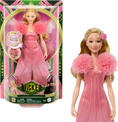 Mattel Singende Glinda-Modepuppe aus Wicked und Accessoires, beweglich und mit vom Film inspiriertem Look sowie abnehmbarem Outfit, singt Heißgeliebt, JLG49, Pink