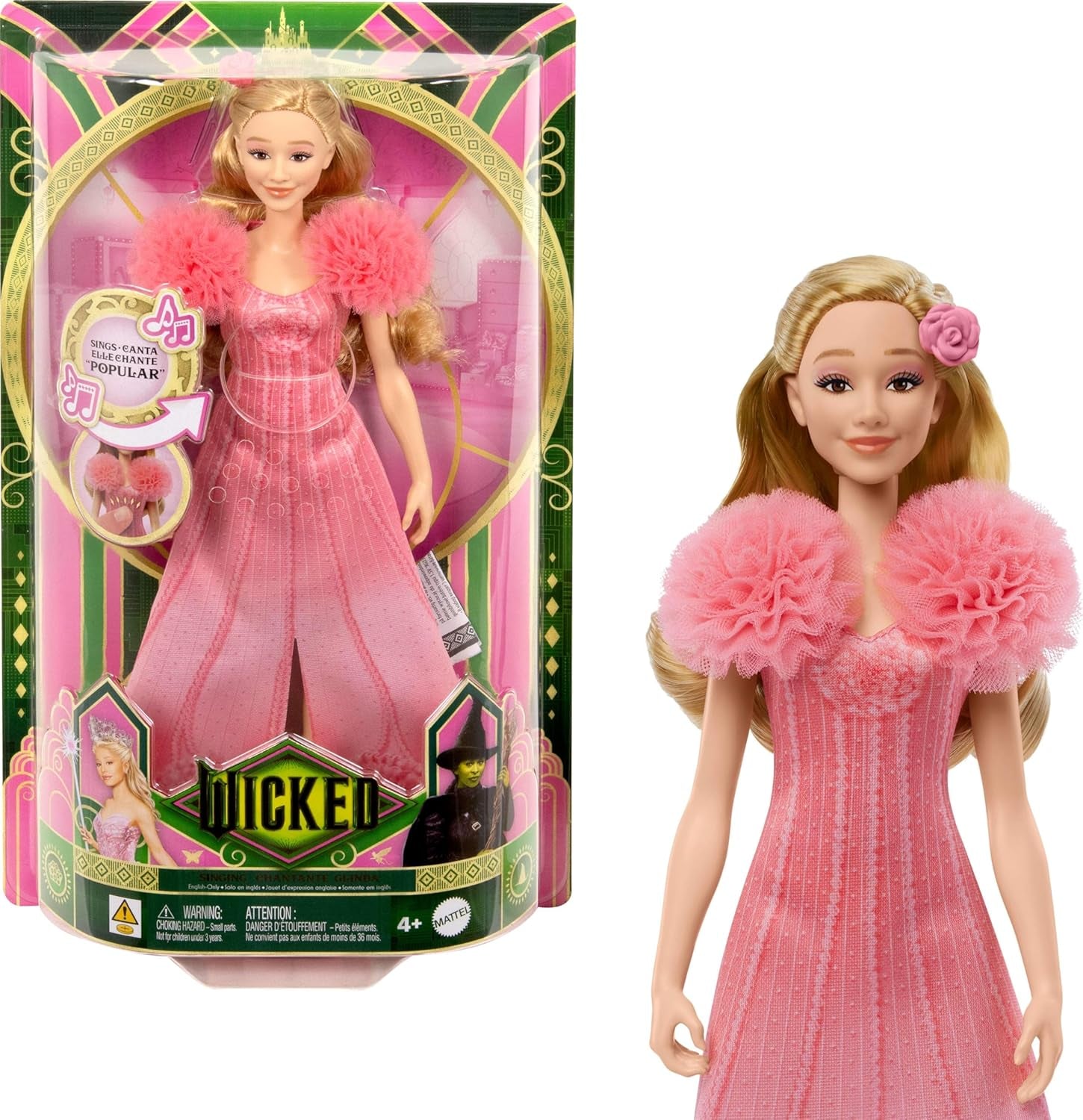 Mattel Glinda de Wicked and Accessories Poupée articulée inspirée du film avec tenue détachable Sings Loved by Us JLG49 Rose