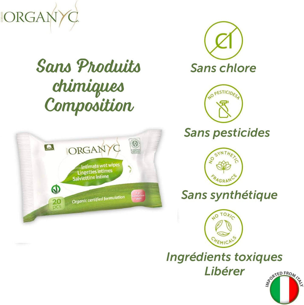 Lingettes intimes Organyc Moist, fabriquées à partir de coton biologique certifié à 100 % - 4 paquets de 20 lingettes (80 lingettes au total)