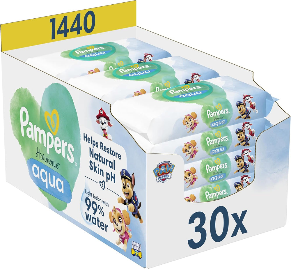 Pampers Harmony Aqua Baby Wipes Paw Patrol 15 Pack de 48 lingettes 720 lingettes pour bébé aide à restaurer l'équilibre naturel du pH de la peau Lotion légère 99 % d'eau