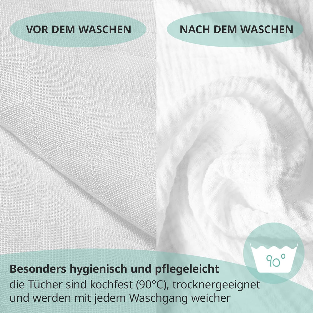 MAKIAN Carrés de Mousseline, Paquet de 10, 80x80cm, Certifié Oeko-TEX® Standard 100, 10 Chiffons Premium - Carrés de Tissu Double Tissé / Carrés de Mousseline, Résistant à l'ébullition - Blanc