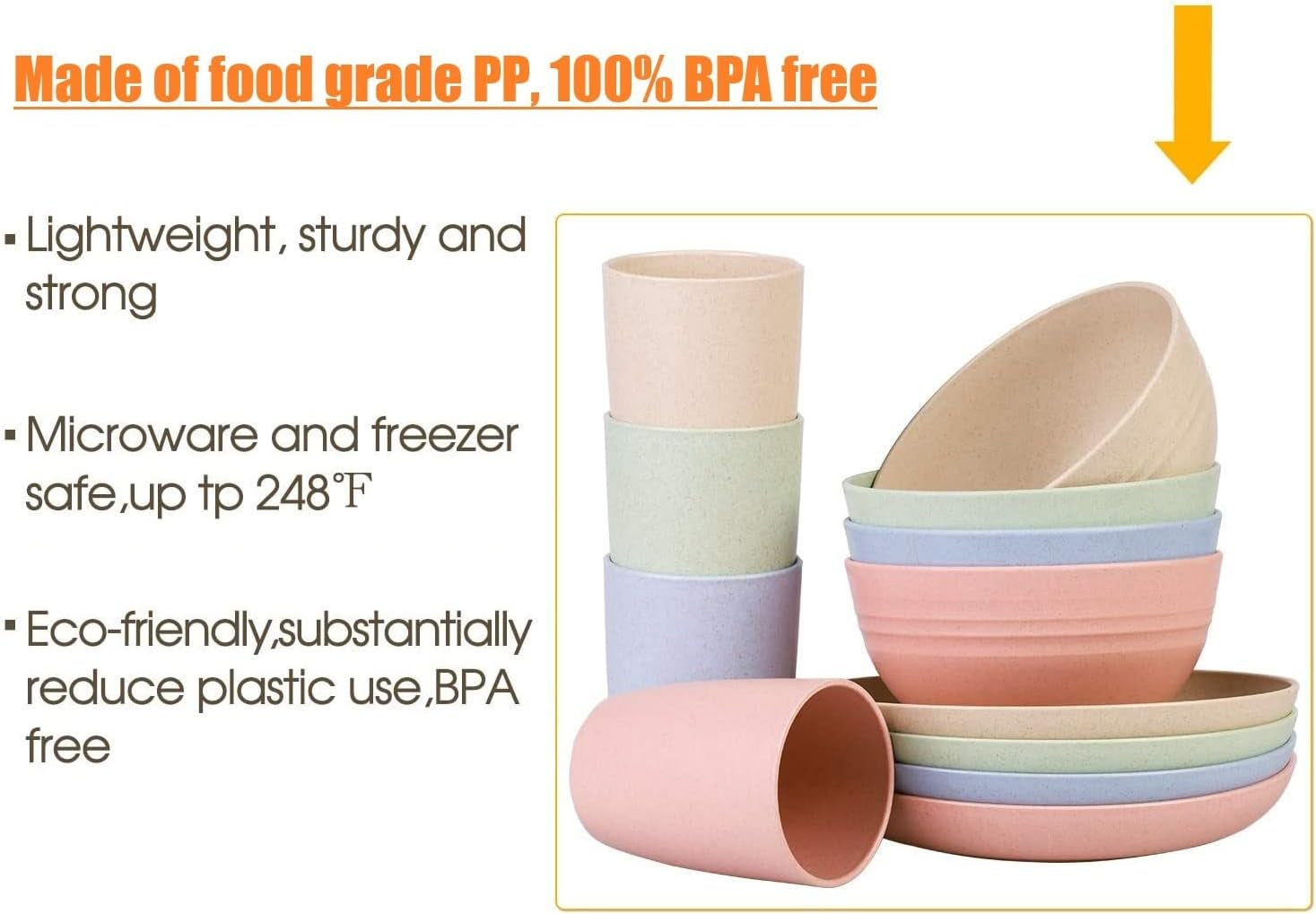 Ensemble de couverts de camping en plastique pour 4 personnes, réutilisables, indestructibles, assiettes, tasses, bols et couverts légers, respectueux de l'environnement, réutilisables, passent au micro-ondes et au lave-vaisselle