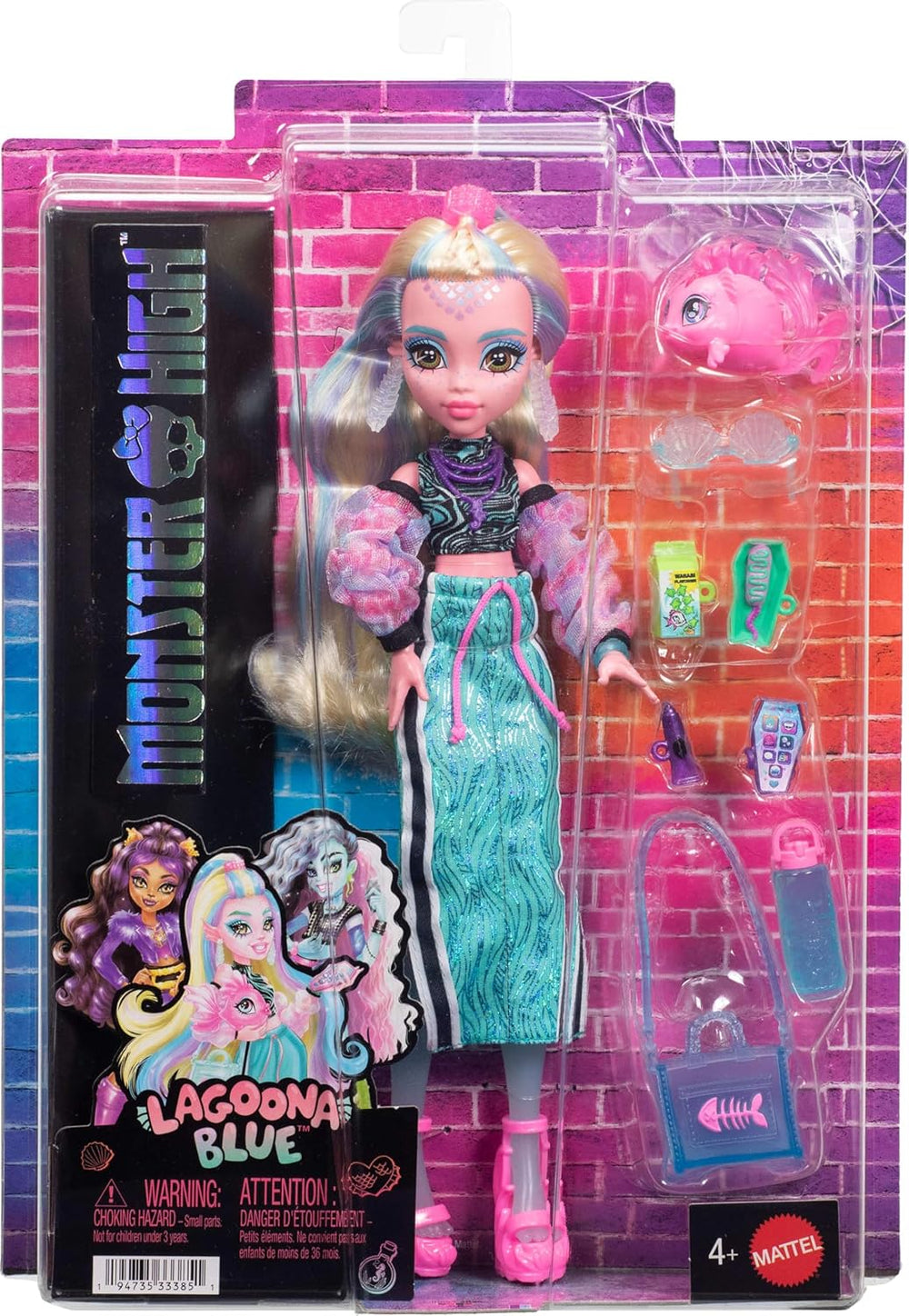 Monster High Lagoona Blue Neptuna Fish Haut court et jupe longue de sport avec 7 accessoires dont lunettes de soleil coquillage, collation et sac, JHK33