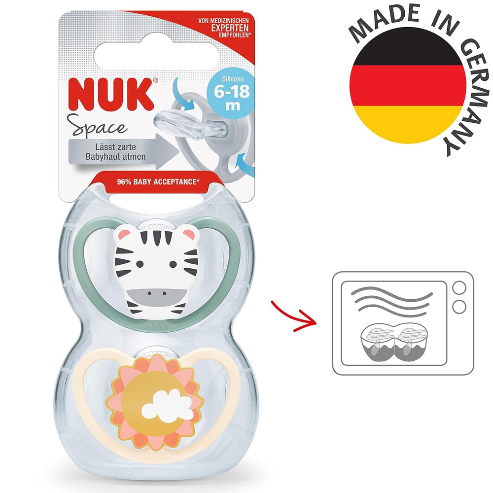 NUK Space Sucette pour bébé 6-18 mois, très grandes ouvertures pour peaux sensibles, silicone sans BPA, motif zèbre, lot de 2
