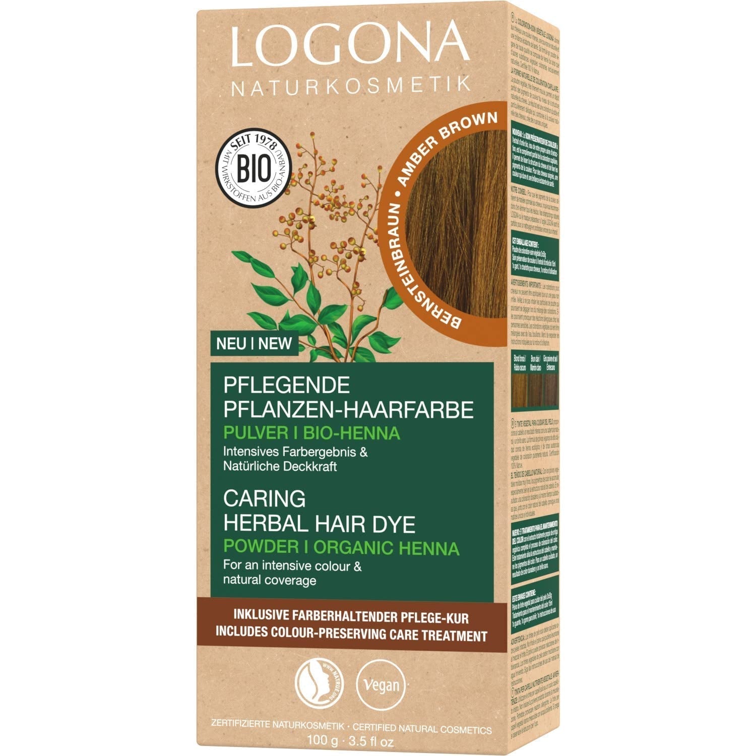 LOGONA Natural Cosmetics Teinture capillaire nourrissante à base de plantes, teinture capillaire végétalienne en poudre de henné biologique pour une couleur et une brillance intenses, teinture capillaire à base de plantes en blond cuivré (blond), 1 x 100 g Naty Shop Coloration capillaire brun ambré 100 g (1 paquet)