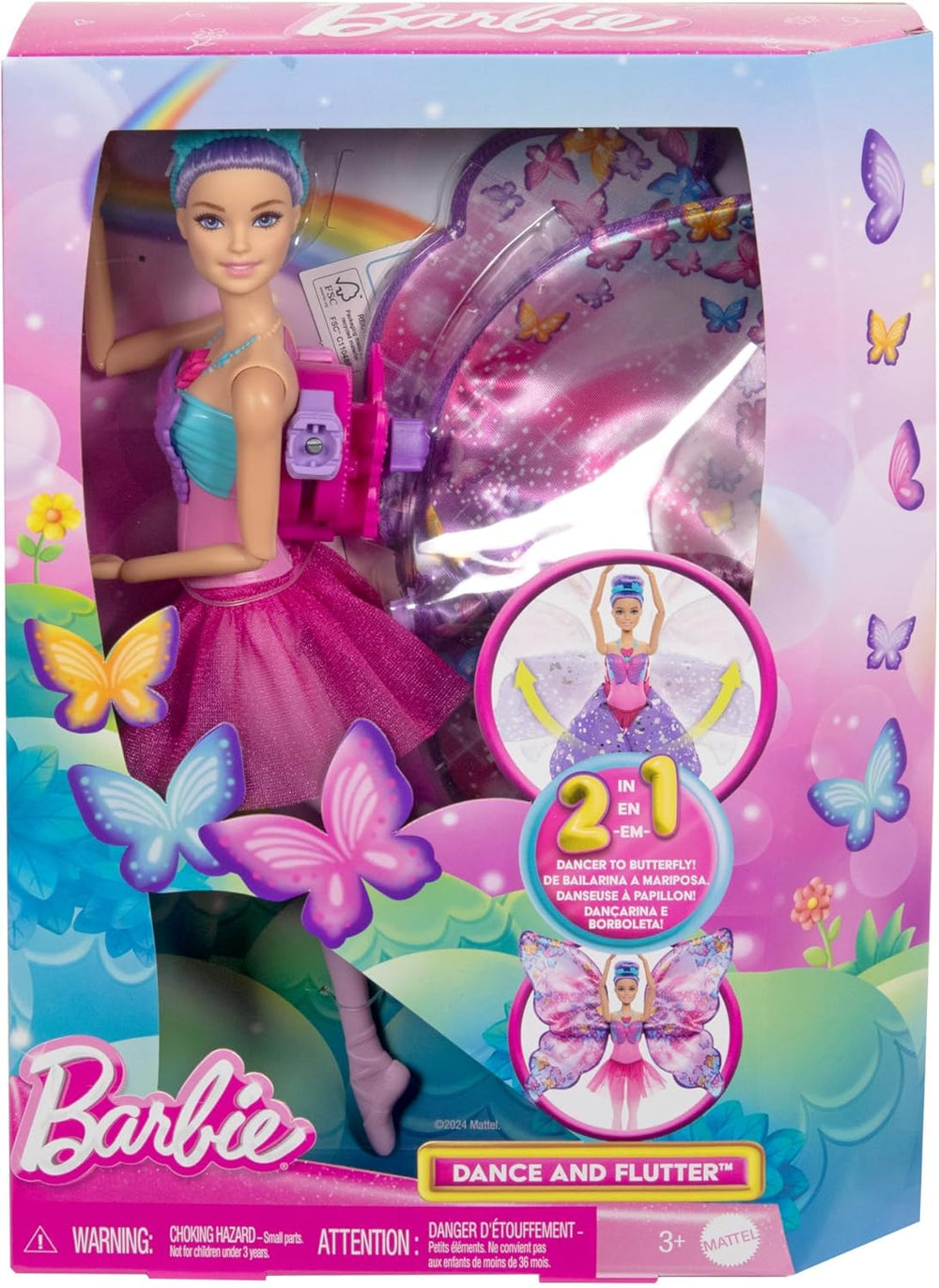 Barbie Danseuse et papillon 2 en 1 transformant la danseuse en papillon avec ailes ouvertes, cheveux violets, accessoires pour cheveux et tutu détachable, HXJ10