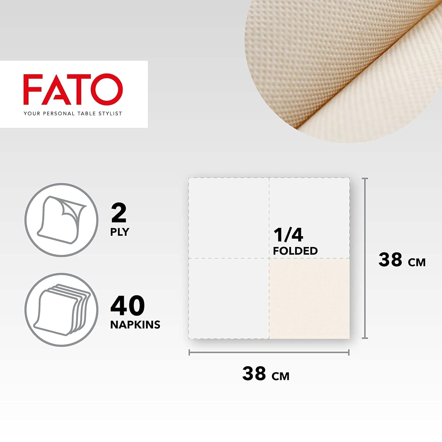 Fato - Serviettes en papier jetables naturelles à 4 plis, respectueuses de l'environnement, paquet de 40, taille 38 x 38, 2 épaisseurs, papier 100 % recyclé