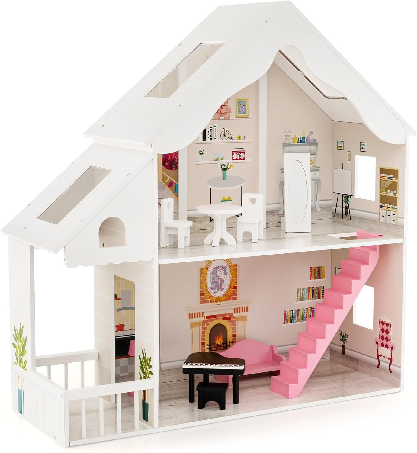 FANTASK Maison de poupée en bois, maison de poupée à 2 étages avec accessoires et meubles, jouet pour poupées de 28 à 36 cm, à partir de 3 ans Maisons de poupées Naty Shop Titre par défaut
