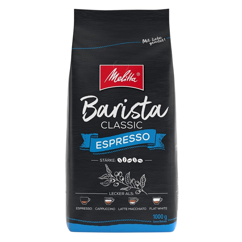 Melitta Barista Classic Crema & Barista Classic Espresso, Cafés entiers 1kg, ungemahlen, Kaffeebohnen für Kaffee-Vollutomat, kräftige Röstung, Stärke 5