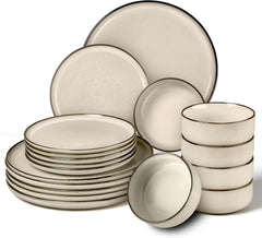 Service de table pour 6 personnes, 18 pièces en grès, service combiné, 6 assiettes plates, 6 assiettes à dessert, 6 bols à céréales, résistant aux rayures et passe au micro-ondes – Kaki Karst