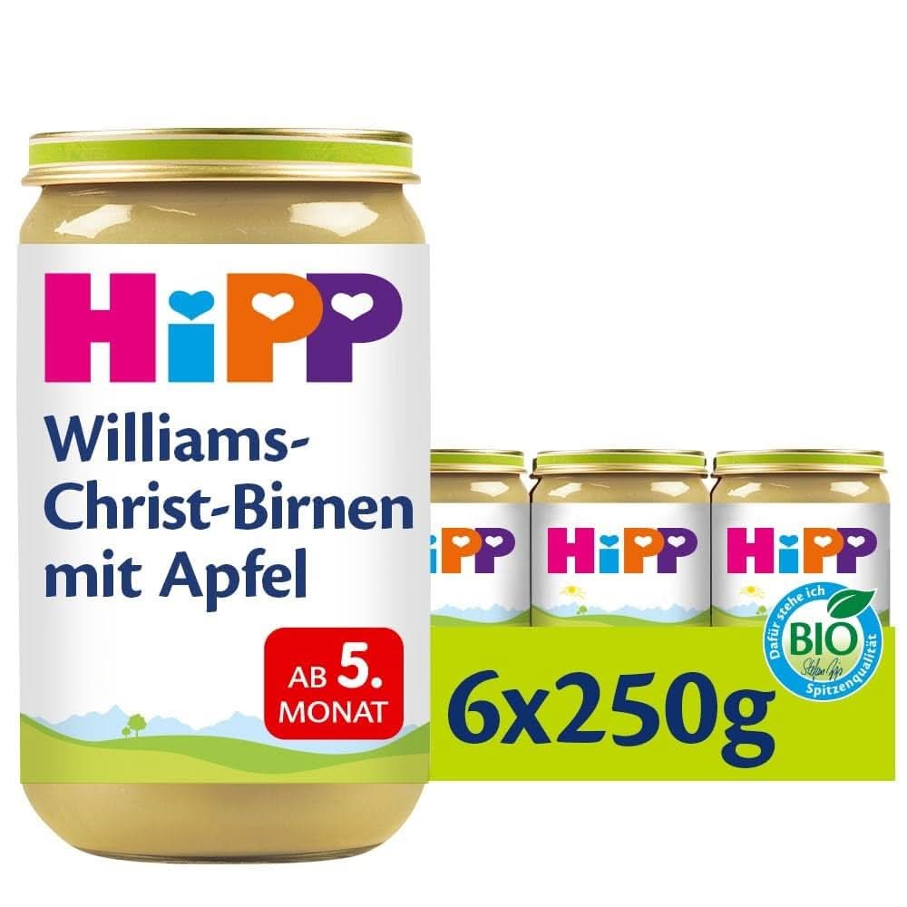 Hipp Pour les Petits Gourmets, Nectarines aux pommes et mangues, sans sucre ajouté, 6 X 190 grammes Mère et Enfant Naty Shop 6 x 250 grammes Poires Williams Christ poires et pommes