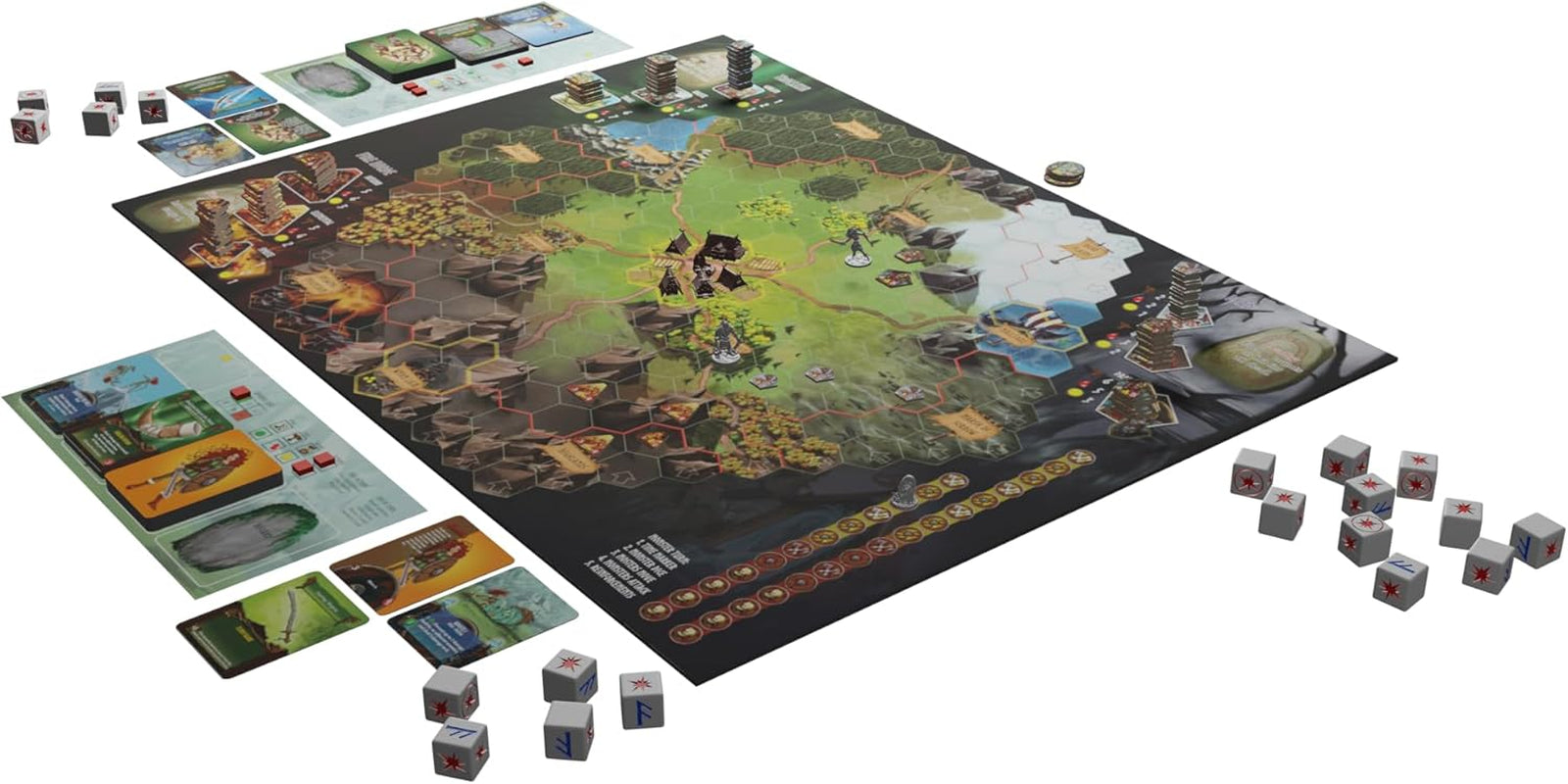 Fate : Defenders of Grimhelm, ELSNER Games, jeu de société coopératif fantastique, stratégie de défense de tour, 1 à 4 joueurs, 14 ans et plus, aventure épique, héros et magie, jeu tactique, FryxGames