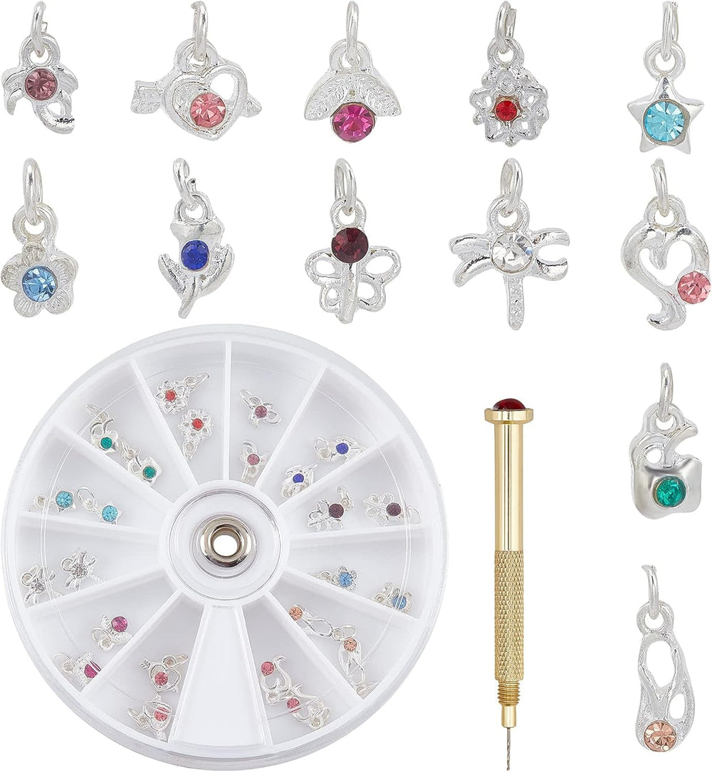 OLYCRAFT 24Pcs Nagelschmuck Ringe Dangle Nail Art Zubehör mit Nagelpiercing Tool Nagelbohrer Manueller Bohrer Aus Legierung For Tips, Acrylique, Gel et Décoration