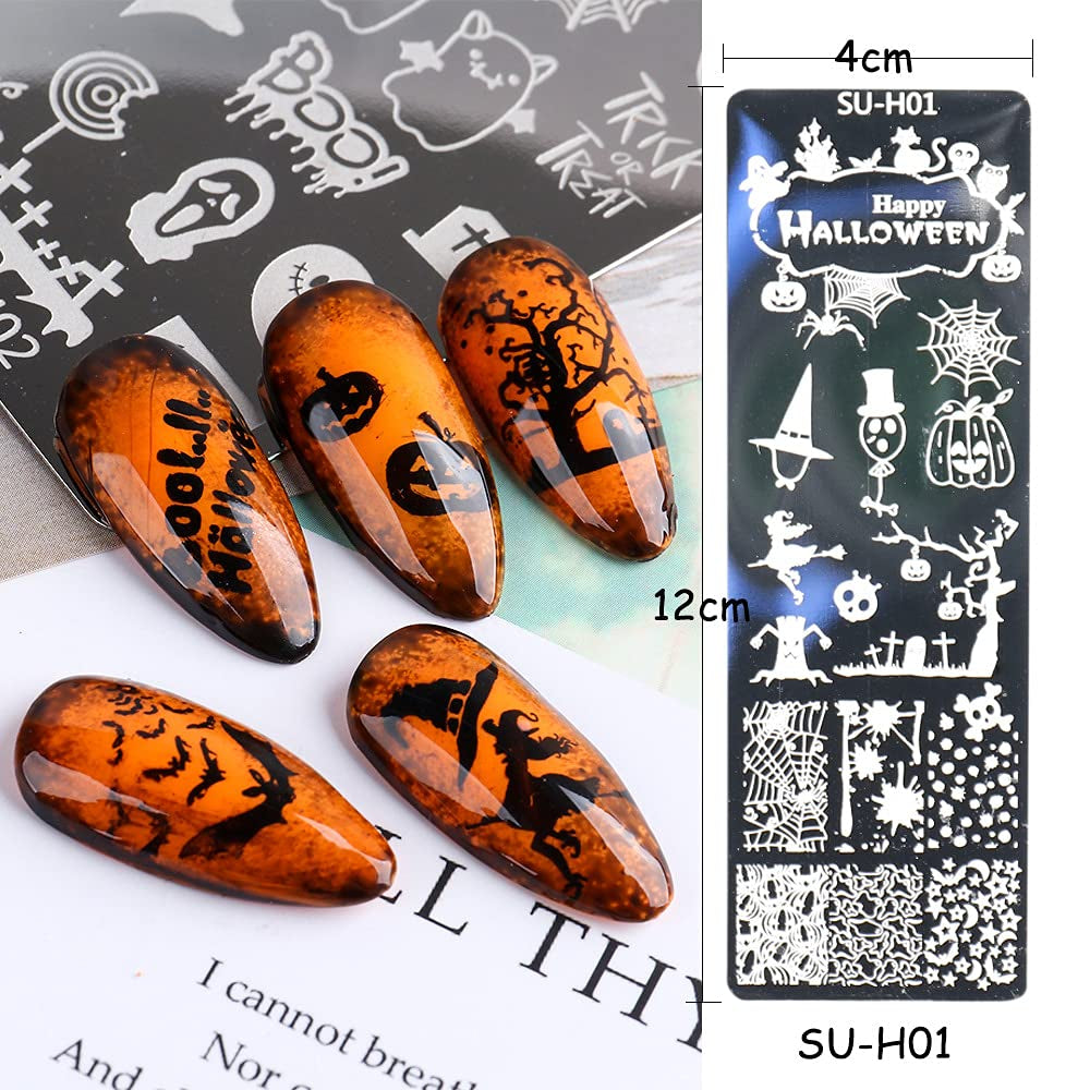 JMEOWIO Nail Stamping Pochoirs Halloween 6 Pièces Nagelstempel Pochoirs Nail Art Décoration Nageldesign Zubehör Böse Gruselige Kürbis-Geisterhexe