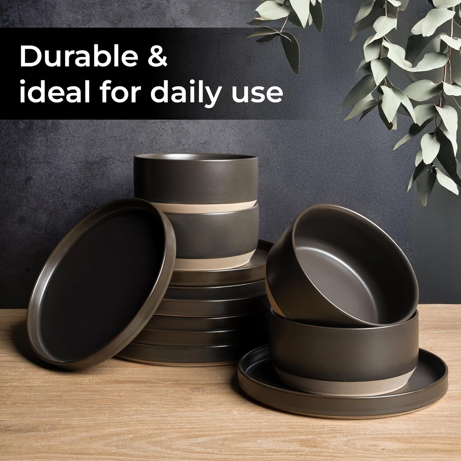 MIAMIO - Service d'assiettes pour 4 personnes / Service de table en céramique pour 4 personnes, vaisselle en grès allant au lave-vaisselle et au micro-ondes - Collection Sierra (assiettes foncées, grandes assiettes (4x))