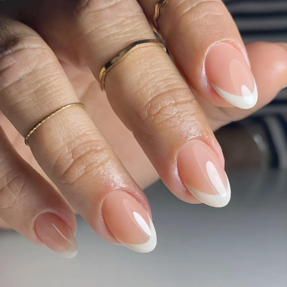 Ensemble de faux ongles adhésifs – Faux ongles français – 24 pièces, design carré court, ongles artificiels dégradés blanc et rose, manucure ballerine (dégradé rose court)