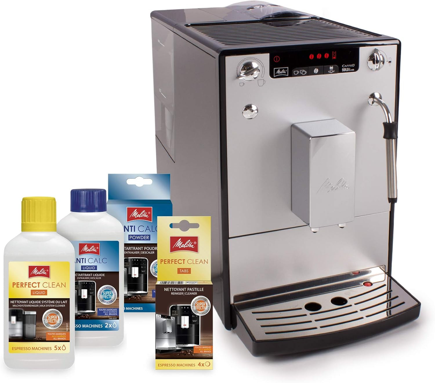 Melitta Solo & Milk - Machine à café fine entièrement automatique avec mousseur à lait, machine à café avec réservoir d'eau amovible, par ex. café ou cappuccino, argent