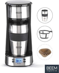 Machine à expresso monofiltre BEEM THERMO 2 GO avec tasse thermique de 0,4 l | Filtre permanent | Avec minuterie de 24 heures pour une tasse de café chaud le matin, pas d'attente | 750 W