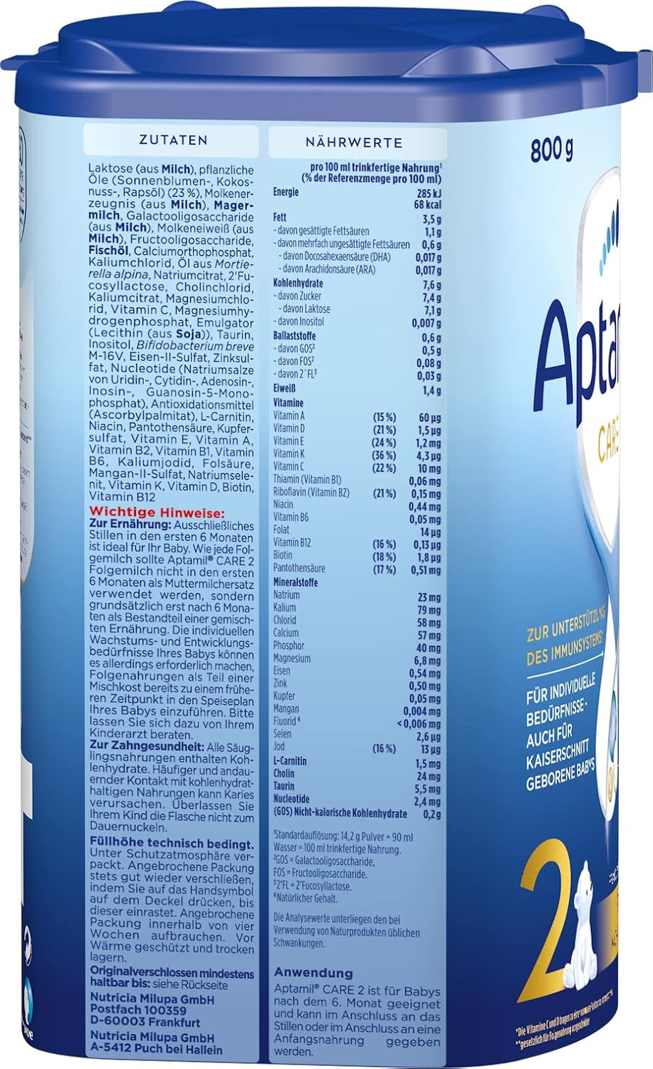 Aptamil Care 2 - Lait de suite après 6 mois, avec Oméga 3 et 6, DHA et ARA, sans huile de palme, nourriture pour bébé, lait en poudre, 1 x 800 g (pack de 3)