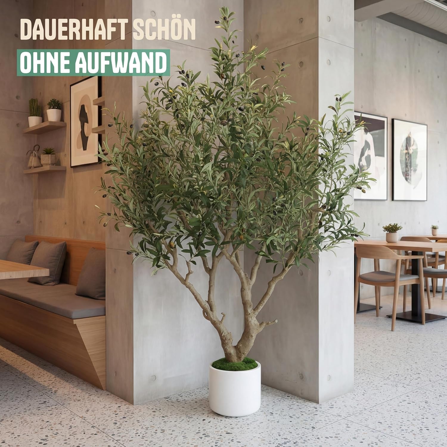 Olivenbaum Künstlich 210 Cm Inkl. Topf - Künstlicher Olivenbaum Mit Naturgetreuem Stamm, Realistischen Blättern & Oliven - Künstlicher Baum Für Indoor & Outdoor, Groß, Inklusive Moos & Topf