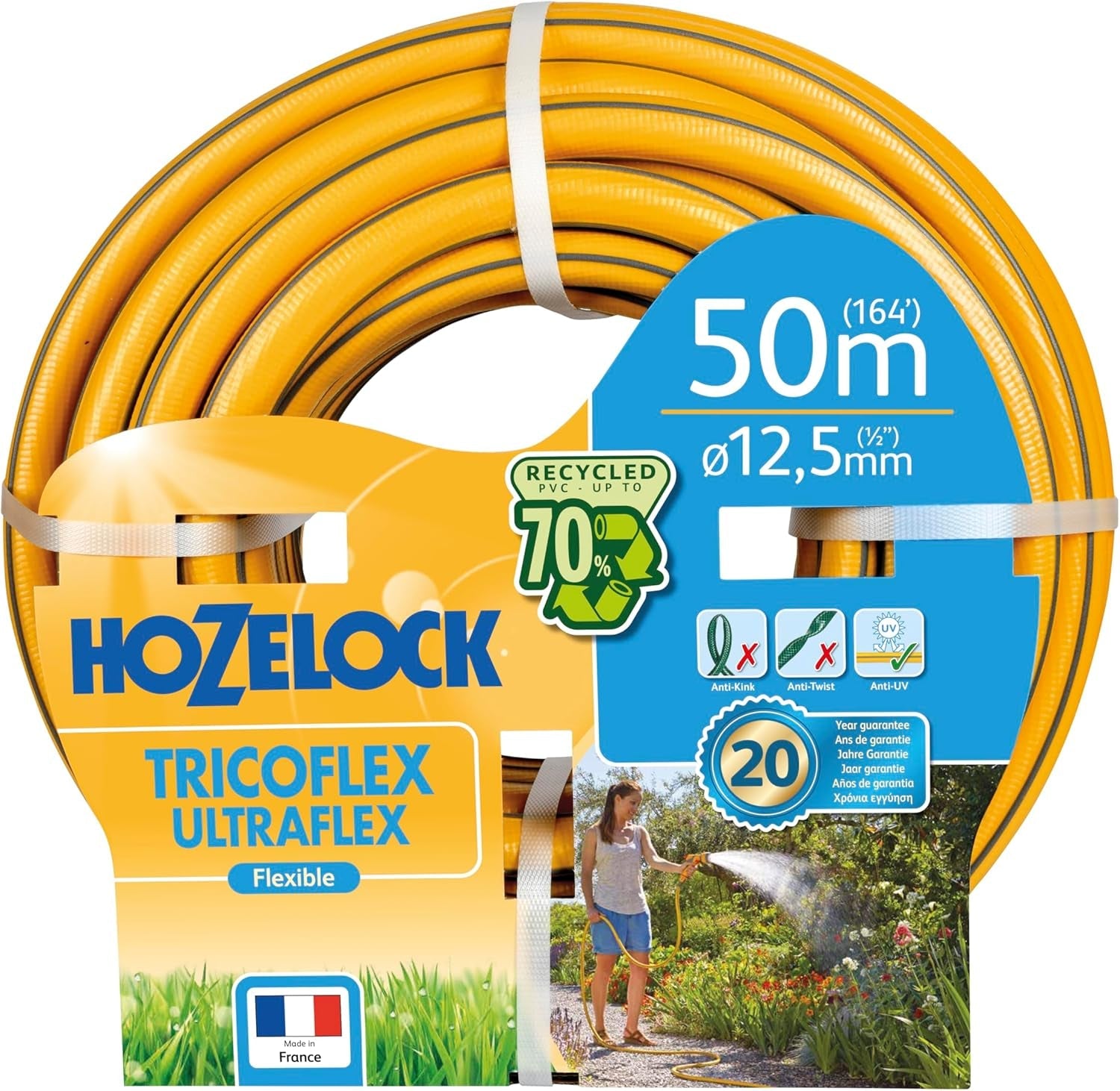 HOZELOCK - Furtun Tricoflex Ultraflex Ø 12,5 mm (1/2") 20 M: Furtun flexibil de grădină, rezistent la intemperii, la răsucire și îndoire, fabricat din 40% PVC reciclat [117002], galben