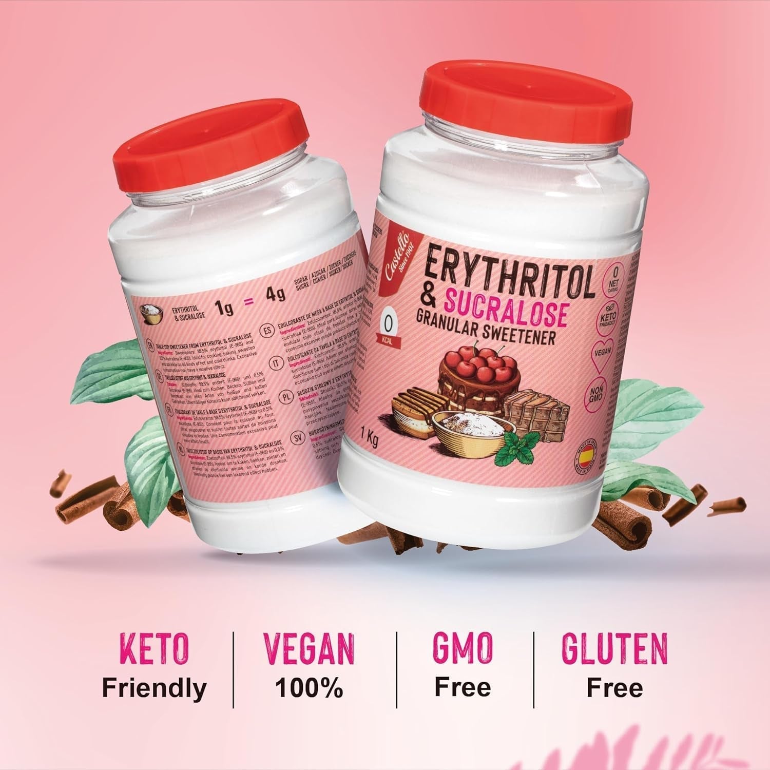 Érythritol + Sucralose 1:4 Matière grasse | 1G = 4G Zucker | 0 Netto-Kohlenhydrate - 0 Calorien - 0 Glykämischer Index - Keto - Kein GVO - Castello depuis 1907 - 1 Kg Édulcorants Naty Shop