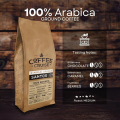 COFFEE CRUISE Santos Kaffeebohnen 1kg - Mittlere Röstung - Aroma Caramel - Pour toutes les machines à café - 100% arabe