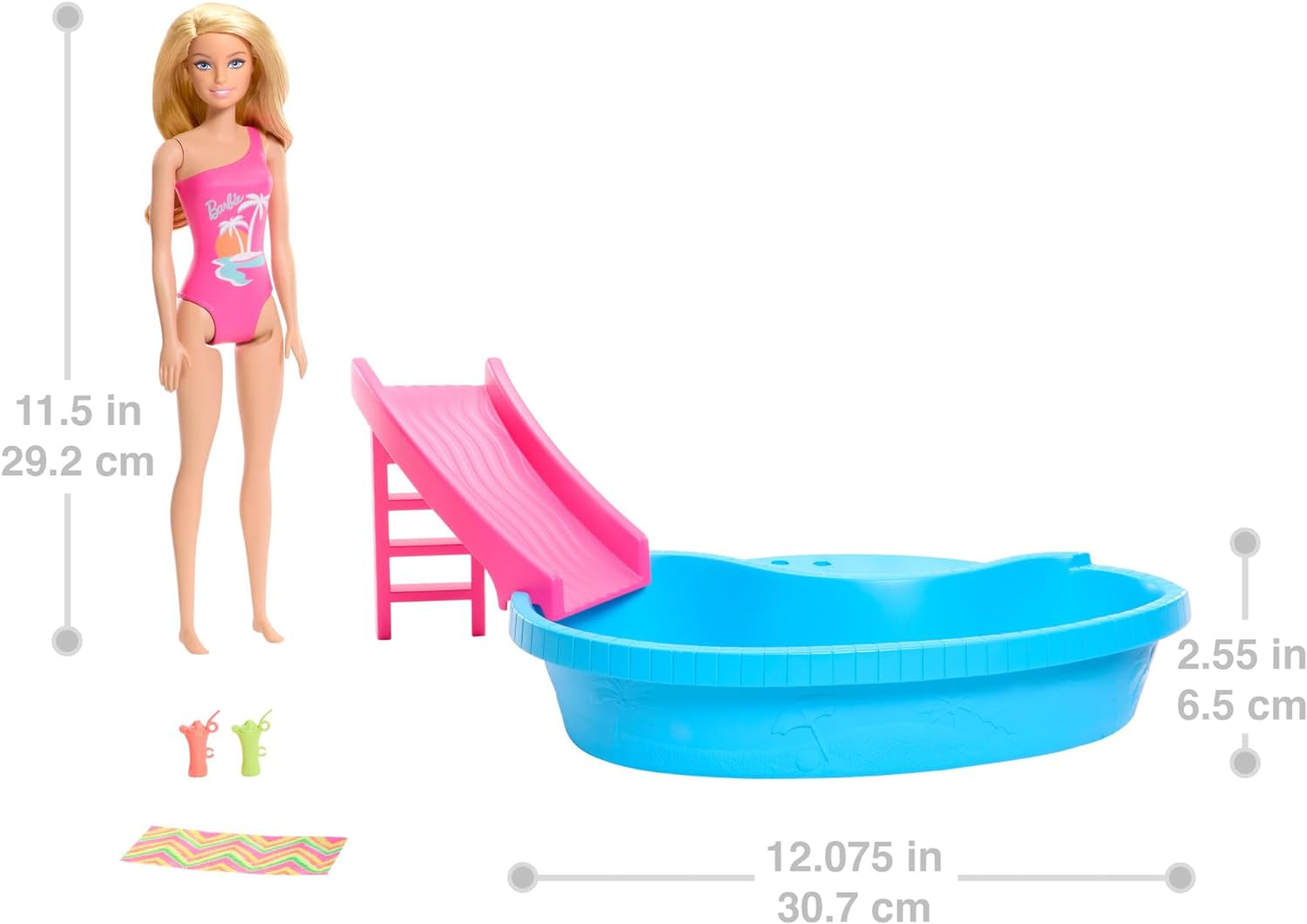 Păpușă Barbie și accesorii - piscină cu tobogan și accesorii pentru ore de distracție la soare, costum de baie roz cu design tropical, pentru copii de la 3 ani, HRJ74 Casute de papusi Naty Shop