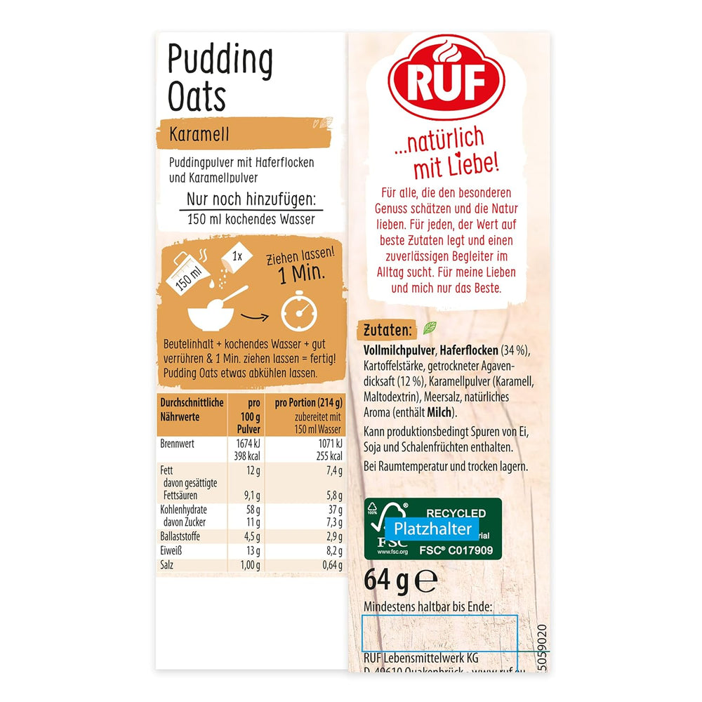 Caramel Oat Pudding, un mélange harmonieux de pudding au caramel et d'avoine complète, sans sucre, sucré au sirop d'agave, 1 sachet x 64g (paquet de 4)