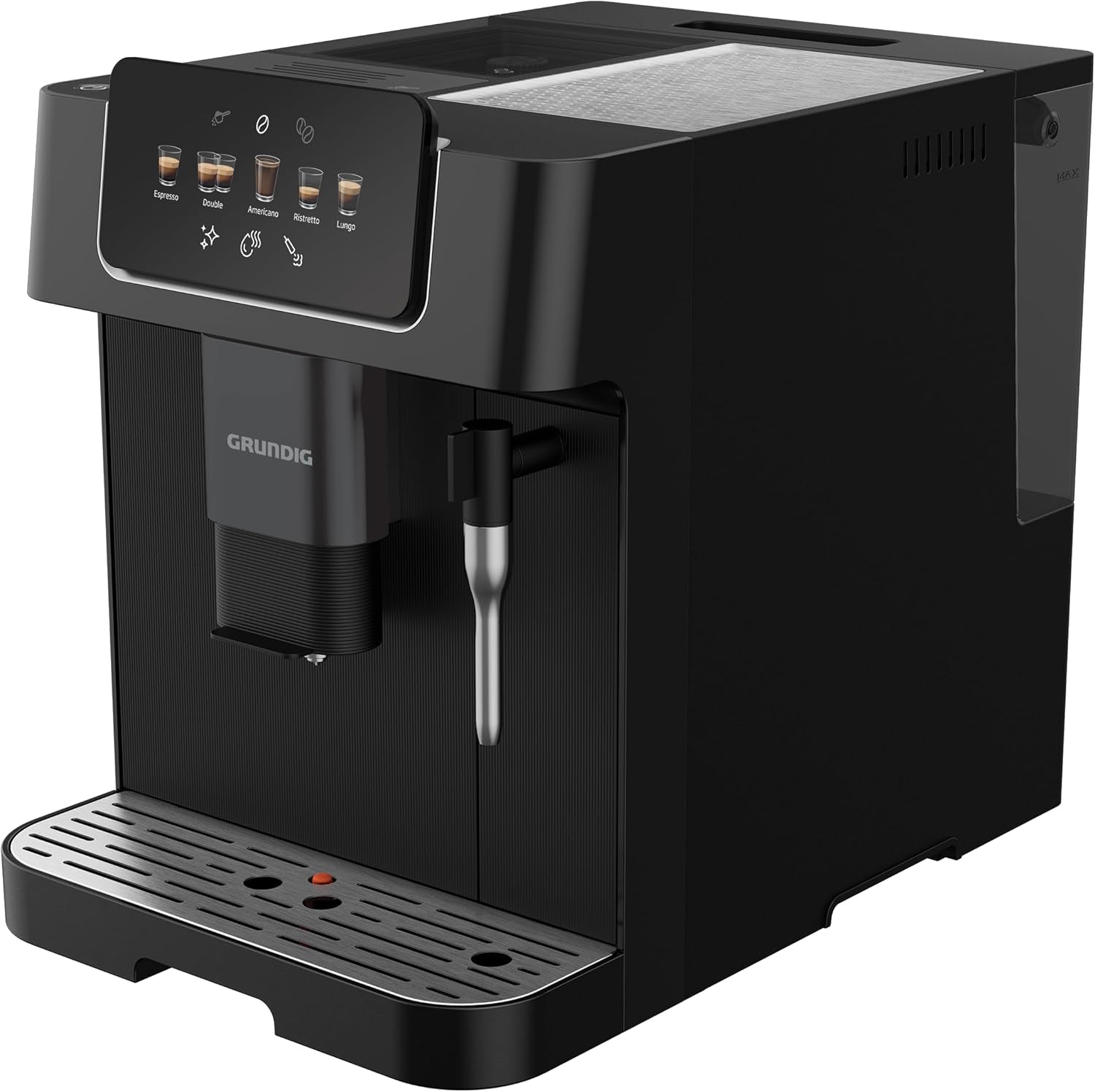 Machine à expresso entièrement automatique GRUNDIG KVA 6230 avec mousseur à lait, moulin en acier inoxydable avec 13 niveaux de mouture, réservoir à grains 250 g, réservoir d'eau amovible 2 litres, pression de pompe 19 bar, écran tactile, noir