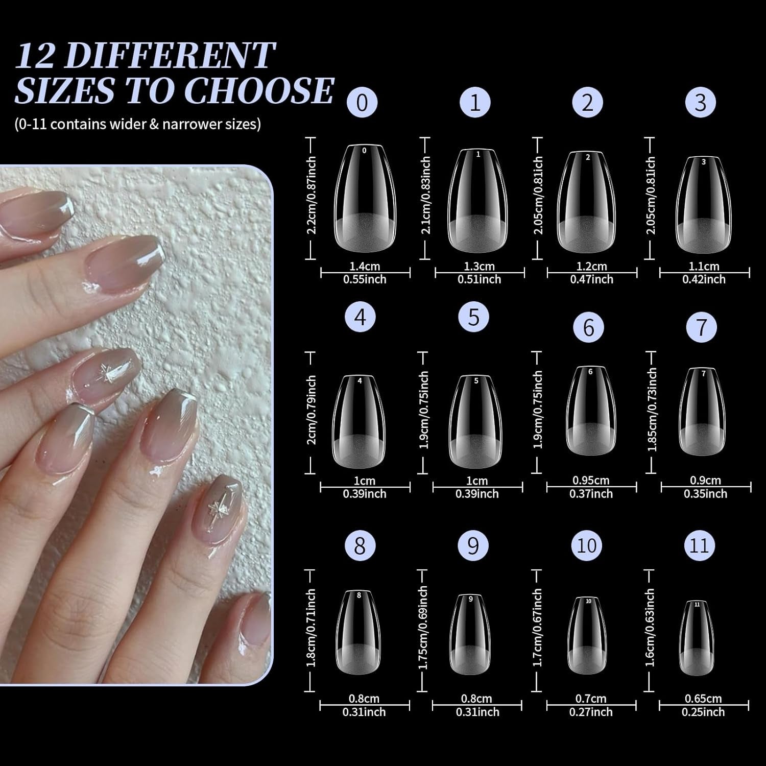 Ongles artificiels courts 500 pièces bouts d'ongles à couverture complète en gel souple pour ongles en gel 12 tailles bouts d'ongles pré-polis pour ongles en gel Ongles artificiels courts Extensions d'ongles de cercueil avec boîte