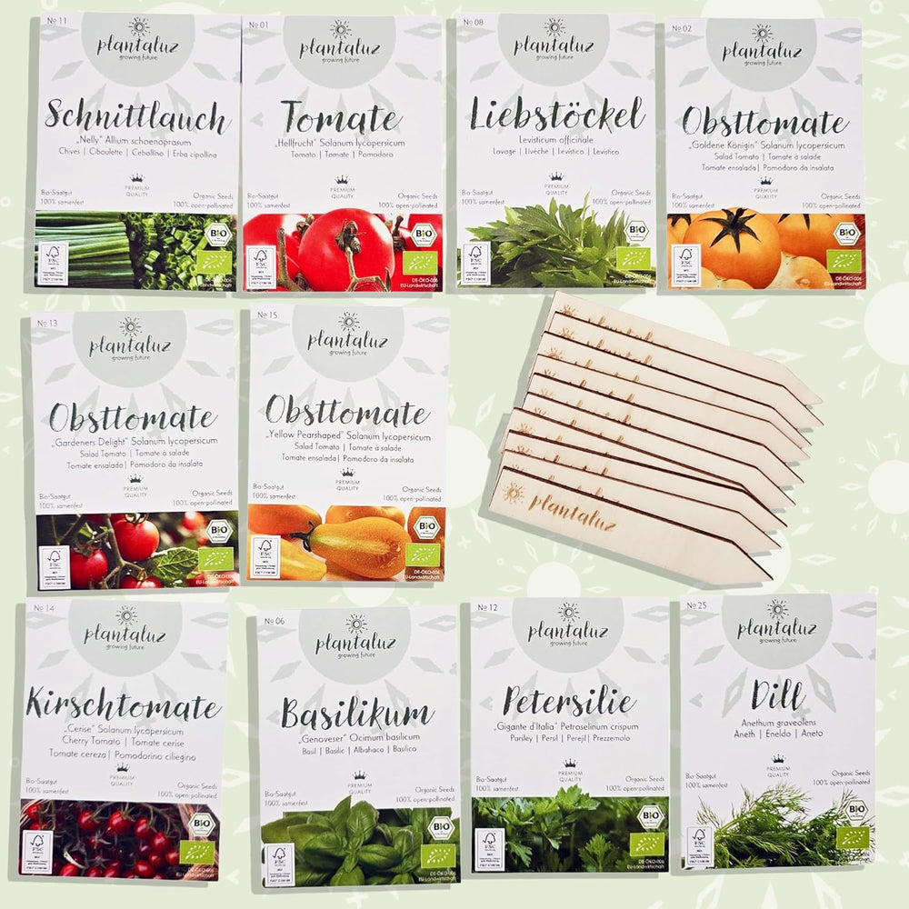 Plantaluz Bio Premium Saatgut Set – 10 Sorten Tomaten & Kräuter Samen – Samenfeste Bio-Qualität Für Garten & Balkon – Liebevolle Geschenkidee Inkl. Beschriftbarer Pflanzenstecker