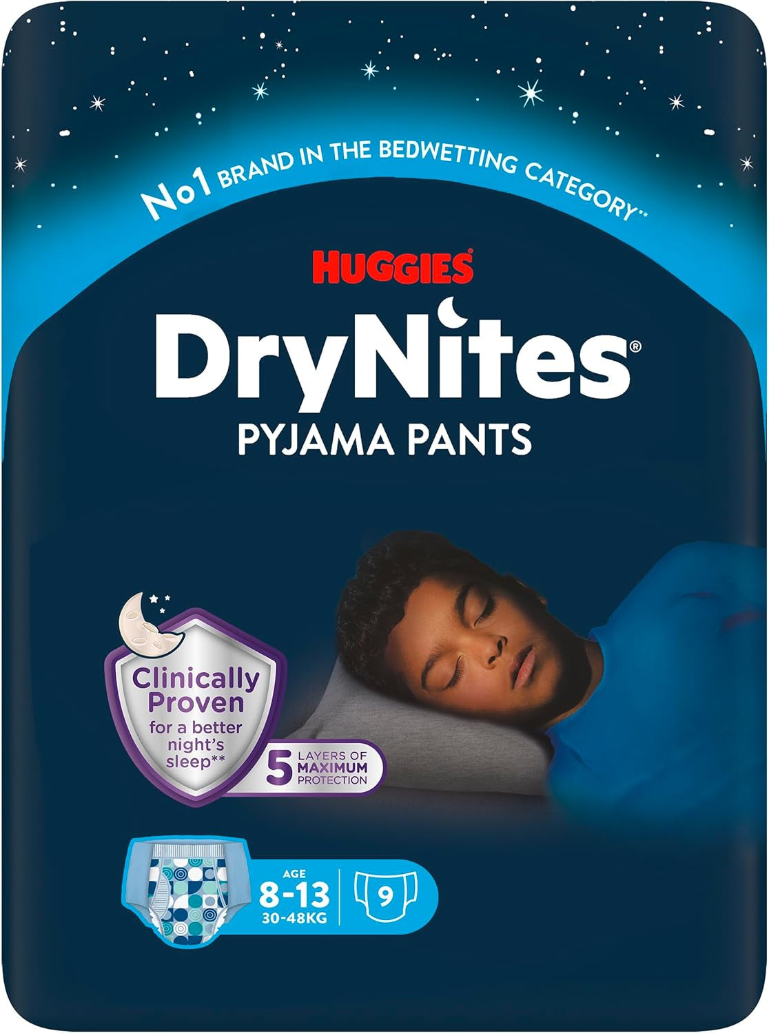 Huggies DryNites Couches mouillantes nocturnes super absorbantes pour garçons de 8 à 13 ans (30 à 48 kg) 27 couches (3 x 9 pièces)