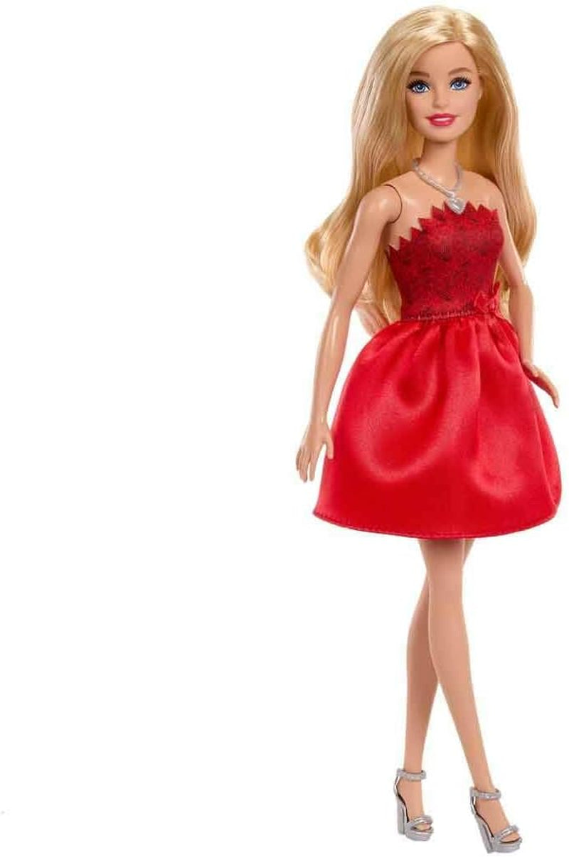 Mattel Rubinrote Blonde Barbie-Party-Modepuppe zum 80. Jubiläum roten Kleid mit silver Schuhen und Halskette, Sammelspielzeug, JGD25