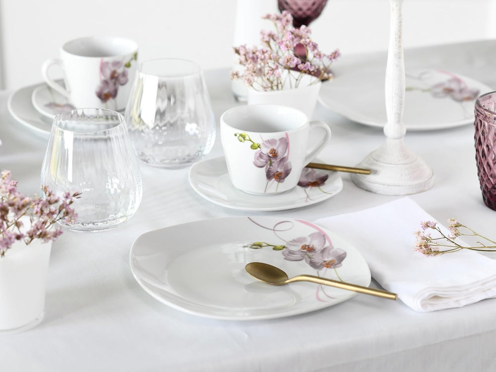 CreaTable, 24024, Série Square Orchid, Service de table 18 pièces pour 6 personnes, Service à café en porcelaine, Passe au lave-vaisselle et au micro-ondes, Fabrication de qualité