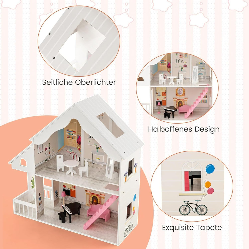 FANTASK Maison de poupée en bois, maison de poupée à 2 étages avec accessoires et meubles, jouet pour poupées de 28 à 36 cm, maisons de poupées à partir de 3 ans Naty Shop